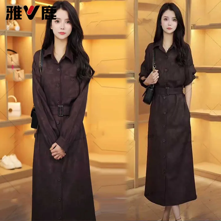 雅鹿高级感连衣裙女秋季新款显瘦中长款休闲气质翻领休闲裙