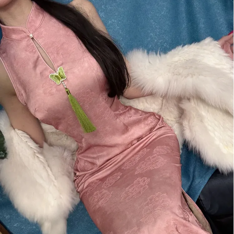 LHMknk1画报夫人原创自制国风新中式风情挖肩旗袍连衣裙纯粉韵