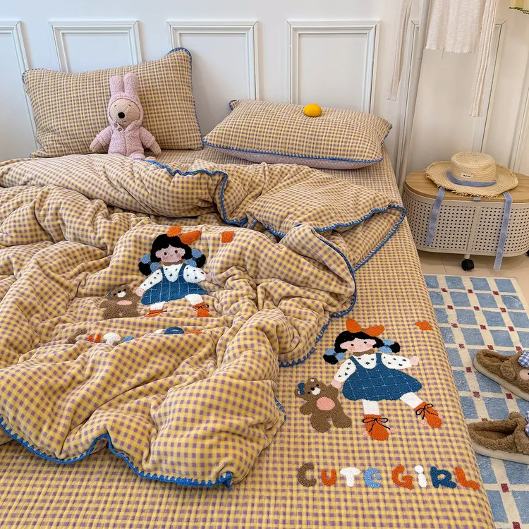 新款贝壳花边毛巾绣牛奶绒床盖四件套加厚夹棉床单床上双面绒被套