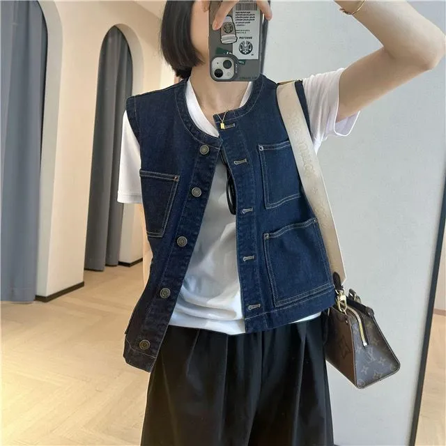 春韩版设计感圆领宽松显瘦百搭叠穿牛仔马甲背心坎肩马夹短上衣女