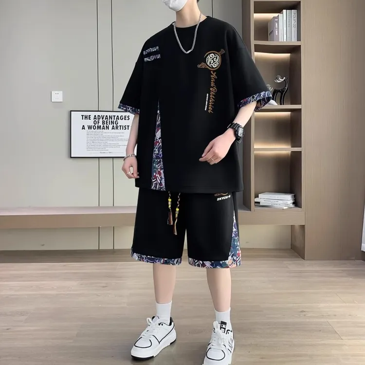 大码新中式国风短袖t恤男夏季七分袖休闲运动套装男生穿搭配一套