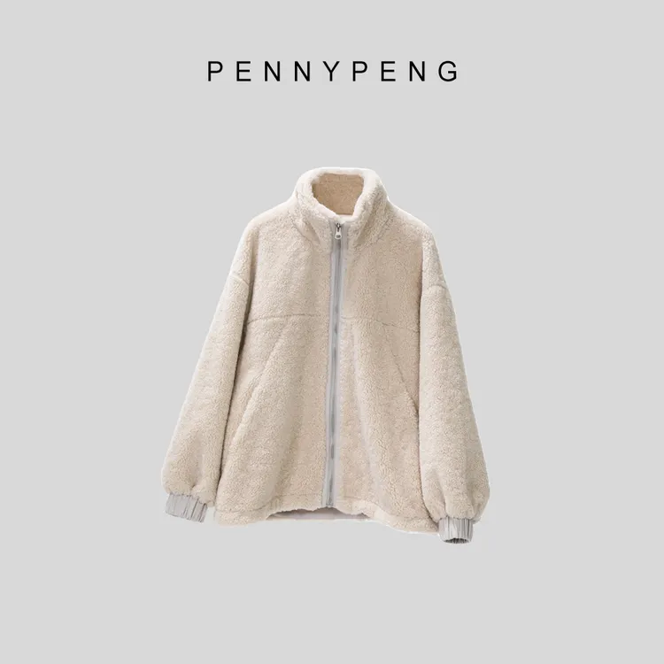 PENNYPENG半熟冬日早春气质时尚休闲百搭加厚米白色立领冬季外套