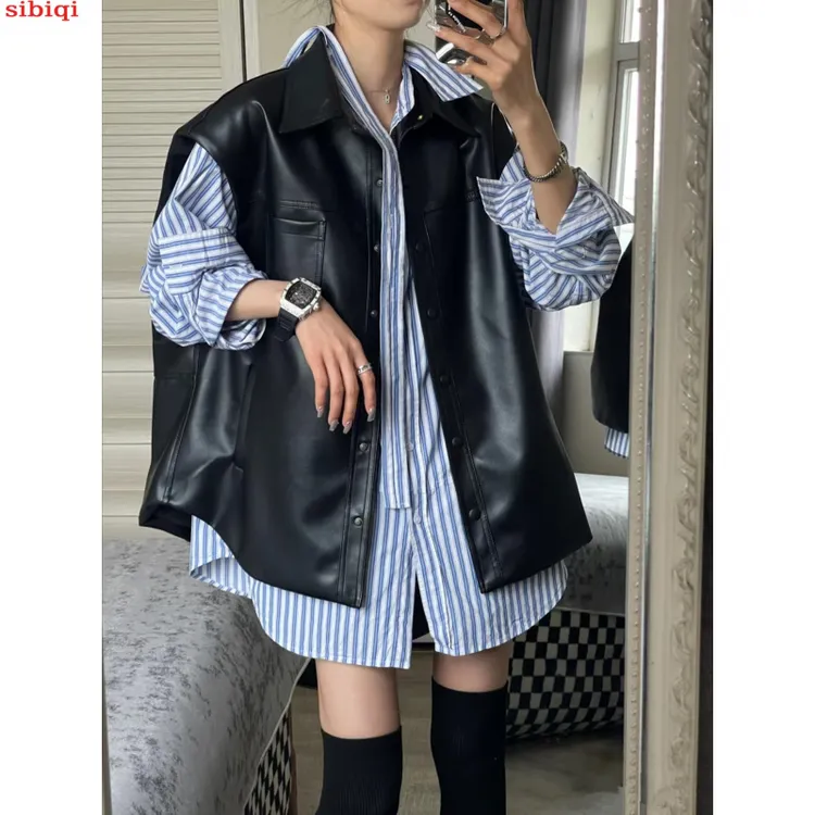Sibiqi黑色pu皮衣马甲女款小个子2025秋季新款高级感单排扣马夹外