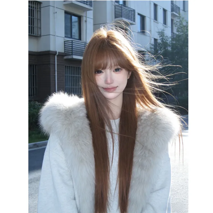 新工艺花瓣前额蕾丝弹力网亚麻色长头皮直发240g70cm