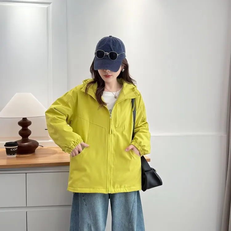 大码女宽松型连帽运动休闲短外套时尚风衣百搭冲锋衣棉衣2533