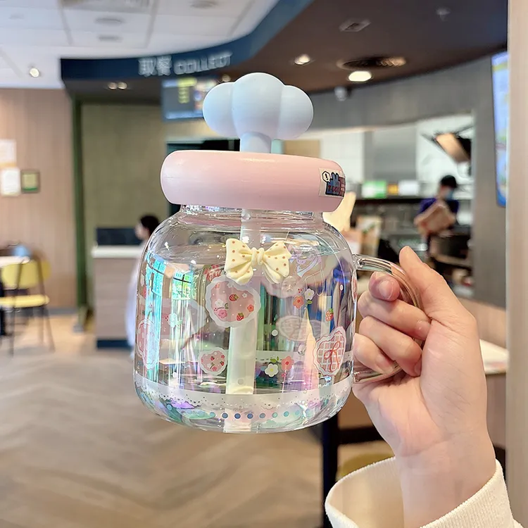 水杯女夏日大容量玻璃杯高颜值新款家用办公吸管杯带把手可爱水杯