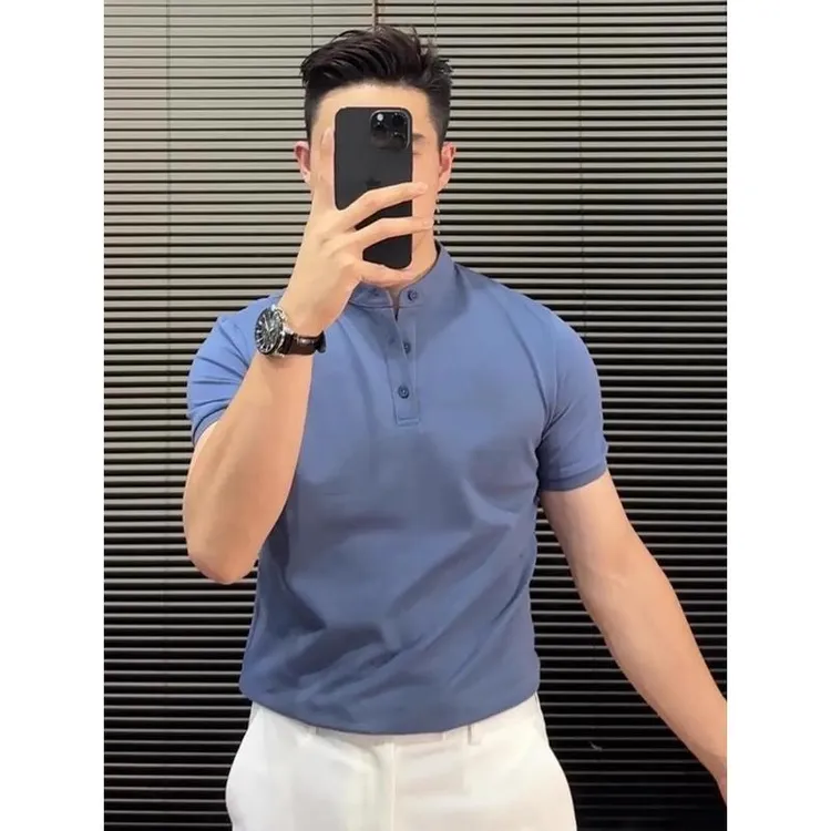 高级感商务半袖POLO衫男士夏季新款蓝色正肩亨利领设计感短袖T恤