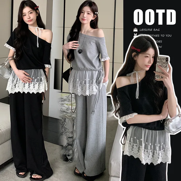 潮妈夏季新款孕妇套装洋气时尚斜肩假两件拼接上衣猪鼻扣阔腿裤女