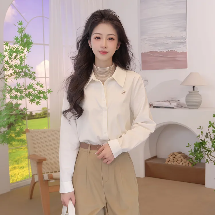 茵曼2025秋季新款假两件衬衫纯棉灯芯绒立体绣花长袖上衣时尚衬衣