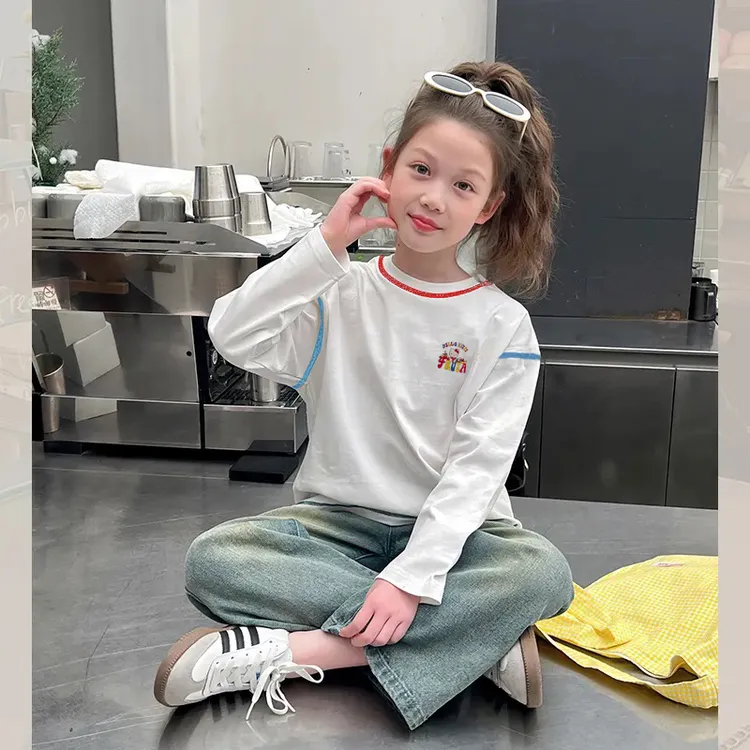 纯棉女童袖打底衫2025新款儿童早秋衣服时髦纯棉T恤拼色上衣