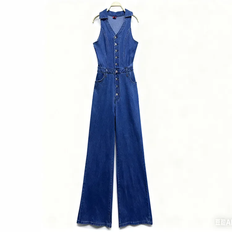 外贸原单175-180高个子女装新款百搭无袖单排扣阔腿牛仔连体裤