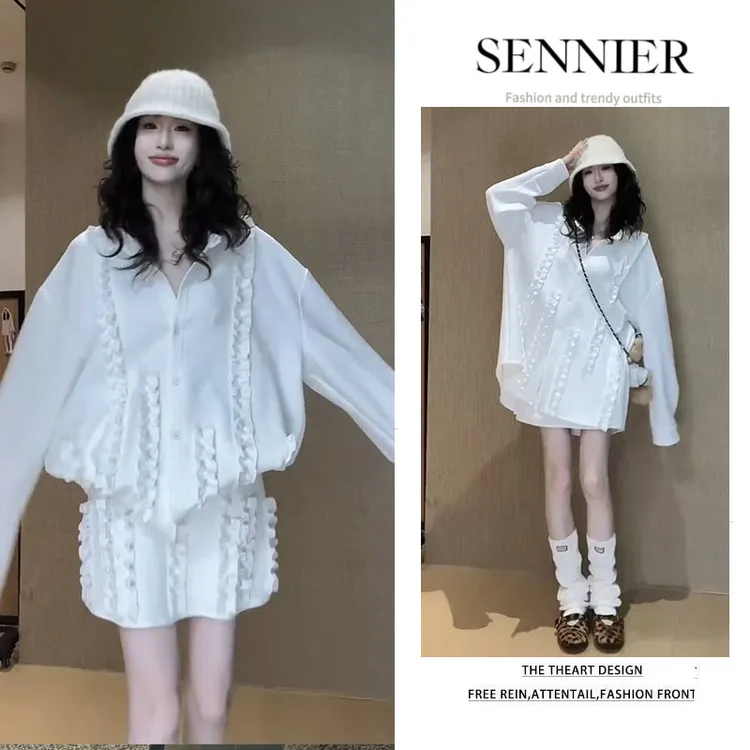 时尚穿搭女2025秋季新款法式洋气设计感长袖衬衫百搭短裙两件套装