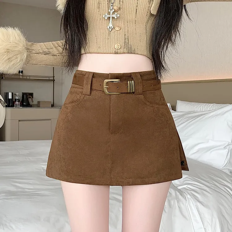 【运费补贴】辣妹复古鹿皮绒秋冬高腰显瘦美拉德时尚百搭A字开叉裙