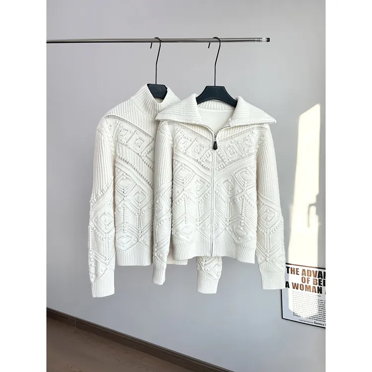 秋冬新款老钱风厚款拉链式提花100羊绒翻领针织开衫套头毛衣外套