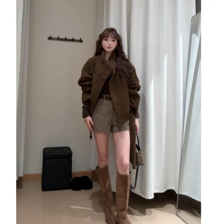 MARIE.COCO新款韩系新款复古斜门襟短款外套搭高级感短款时尚套装