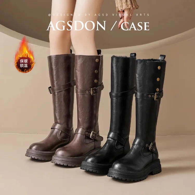 奥古狮登靴子女长筒靴2025新款冬季棕色厚底西部美拉德加绒骑士靴