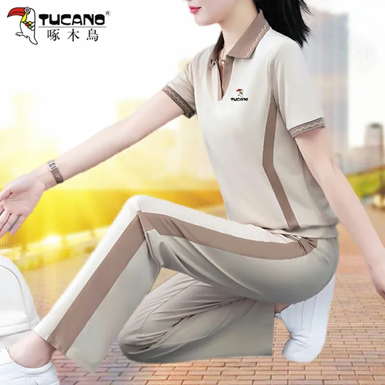 啄木鸟运动服套装女夏季2025新款薄时尚宽松显瘦短袖休闲服两件套