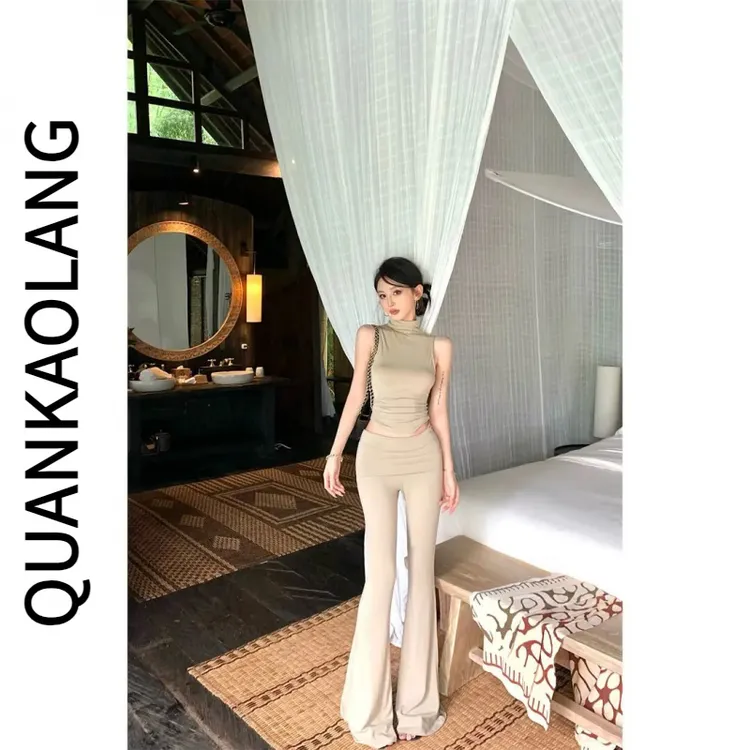 洋气纯欲气质辣妹修身显瘦背心上衣裤子套装聚酯纤维性感风两