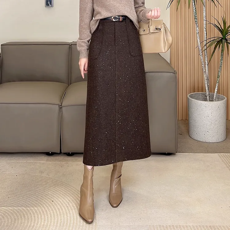 美拉德亮片羊毛呢半身裙女冬季2025新款气质显瘦口袋高腰a字长裙