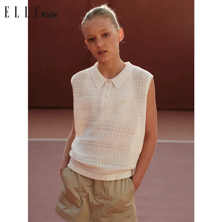 ELLE KIDS 钩针POLO领针织背心女童夏季新款法式度假无袖上衣A2