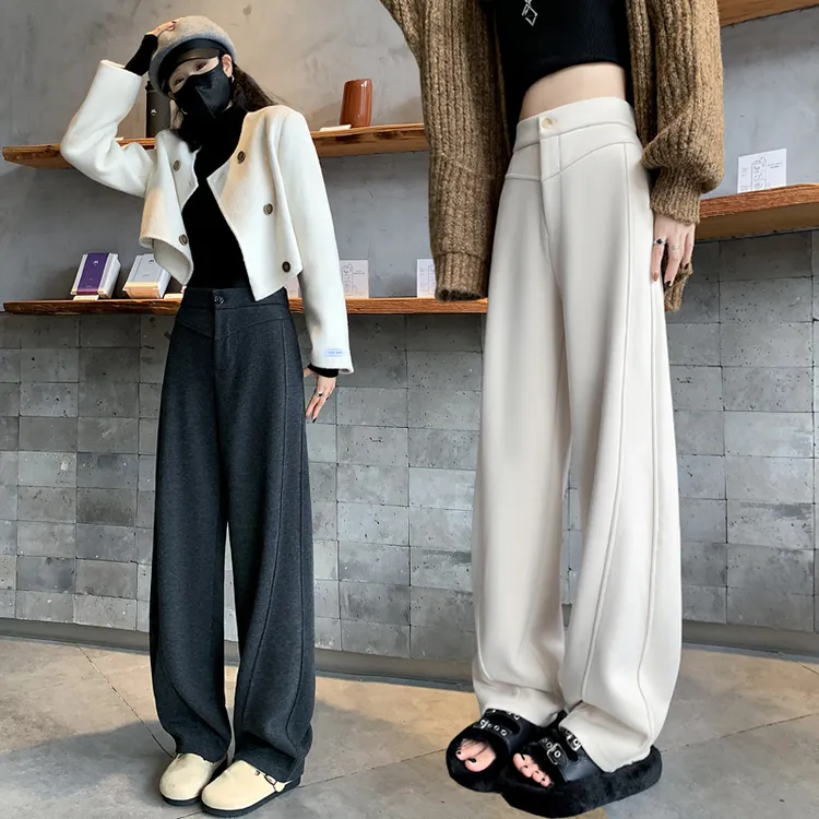灰色毛呢2025秋冬新款高腰显瘦宽松垂感直筒休闲阔腿裤女