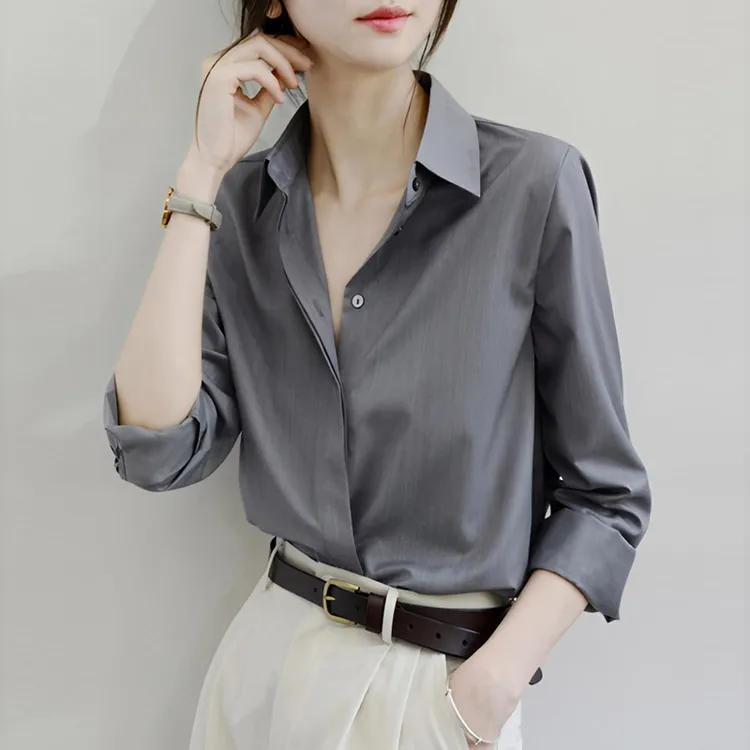 职业通勤长袖衬衫女2025秋季新款高级感职业百搭简约显瘦灰色衬衣