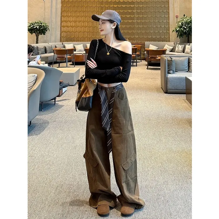 长袖黑色斜肩T恤工装弯刀裤两件套女秋新款复古辣妹慵懒休闲套装