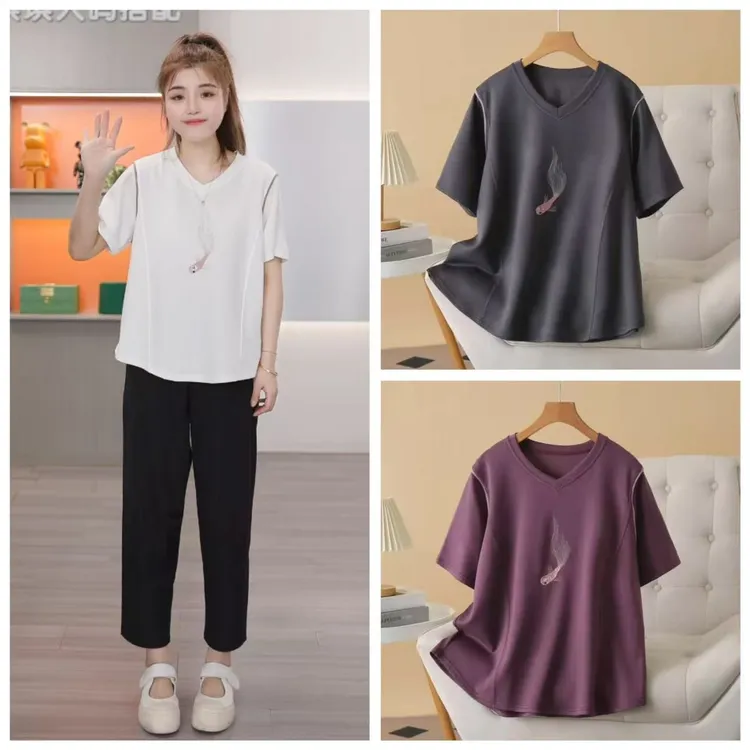 梦冬佳--120-200斤大码女装胖mm夏季新款V领刺绣小鱼短袖T恤上衣