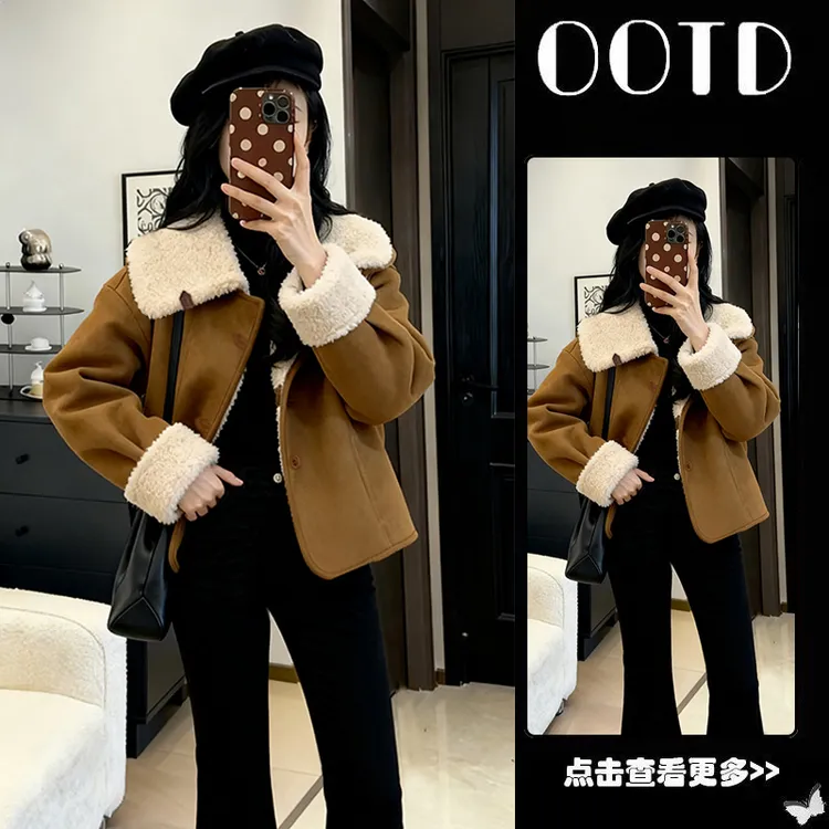 秋季流行穿搭一整套女2025新款翻领宽松加绒外套百搭休闲裤两件套