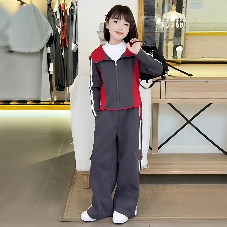 女童秋季休闲套装初中生设计感拼色连帽外套工装阔腿裤洋气两件套