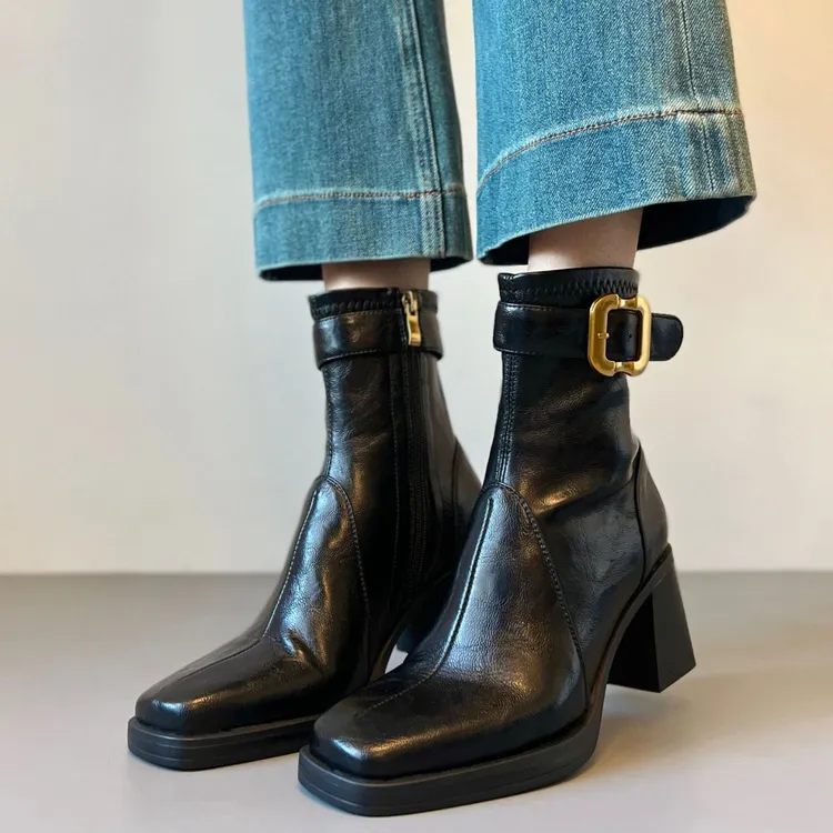 【牛皮版】静音底方头高跟短靴女轻奢粗跟瘦瘦靴微喇裤专用高跟鞋