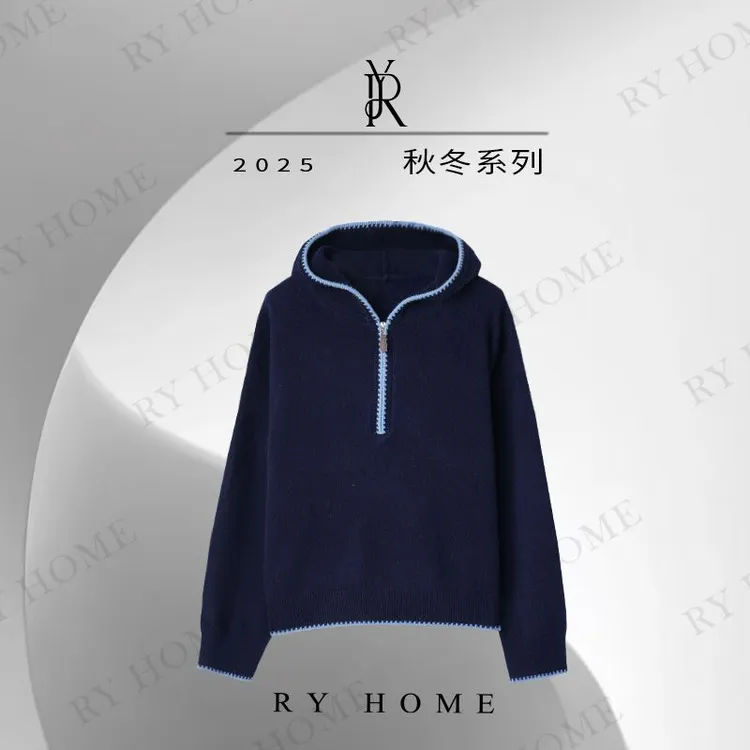 【容雨RYHOME】100%绵羊毛时尚半拉链拼色设计感羊毛毛衣253M3234