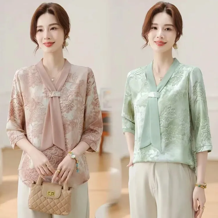 时尚妈妈夏装减龄小衫 2025新款洋气T恤中老年女夏季七分袖上衣