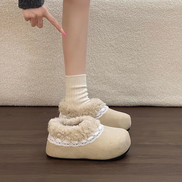 OJRZ内增高毛毛勃肯鞋女2025冬新款花边厚底包头棉鞋加绒保暖棉鞋