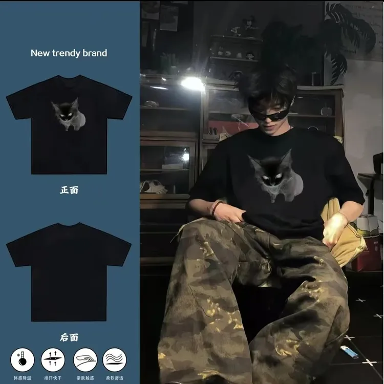 GUANYE黑白t恤男夏季重磅黑猫印花休闲上衣半袖圆领情侣体恤