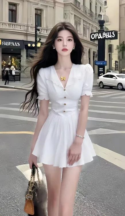 温柔优雅千金风白色V领修身短袖收腰显瘦设计感连衣裙女时尚女装