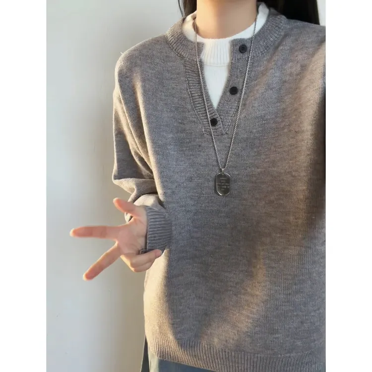 假两件重磅亨利领毛衣男潮牌秋冬宽松慵懒简约拼接针织衫上衣