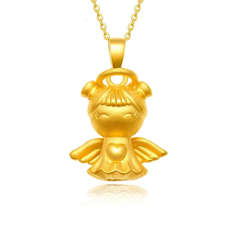 3D硬金天使福星宝宝黄金项链纯金吊坠家和快乐平安智慧挂坠女