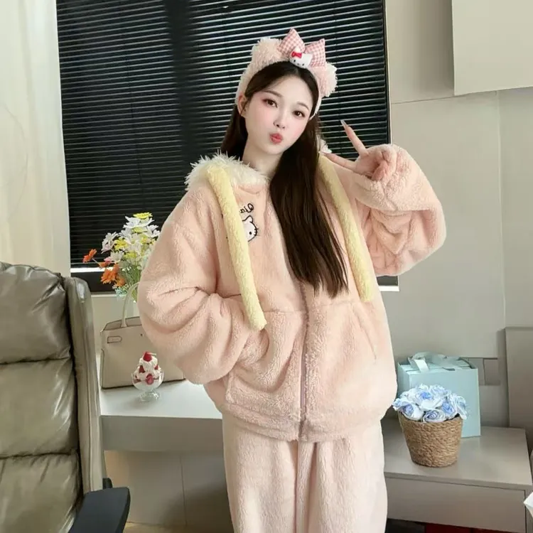 【乔娜原创】Kitty加绒加厚睡衣女冬季连帽保暖热力绒家居服套装