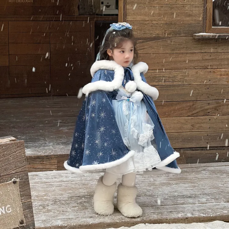 【艾莎战袍】冬季加厚艾莎女童洛丽塔纱裙披风套装-410019