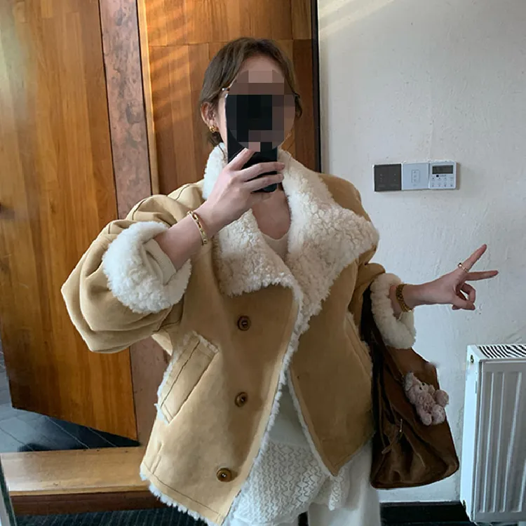 冬季韩系皮毛一体外套廓形撞色皮毛一体环保加厚羊羔毛短外套女