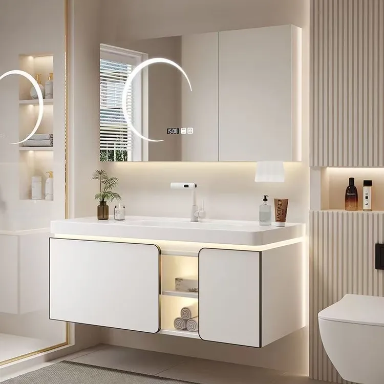 简约奶油风智能浴室柜镜柜陶瓷一体盆组合卫生间洗漱台洗手台盆