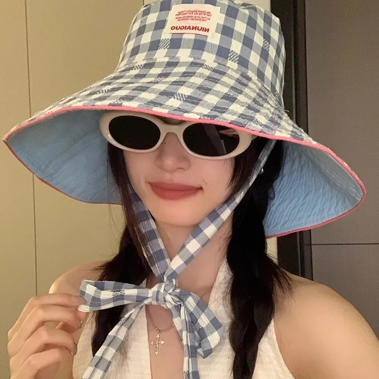 双面格纹渔夫帽子女夏季薄款防紫外线可折叠大帽檐遮阳防晒太阳帽