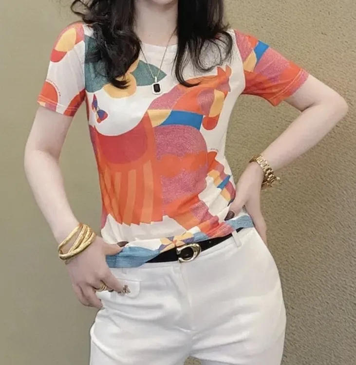网纱新款夏季高端欧货小众独特别致上衣修身圆领网红洋气A2056