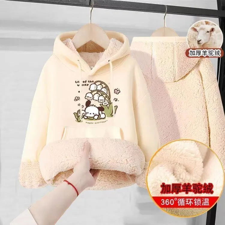 加绒加厚卫衣女童冬季羊驼绒儿童连帽上衣中大童装女孩一体绒冬装