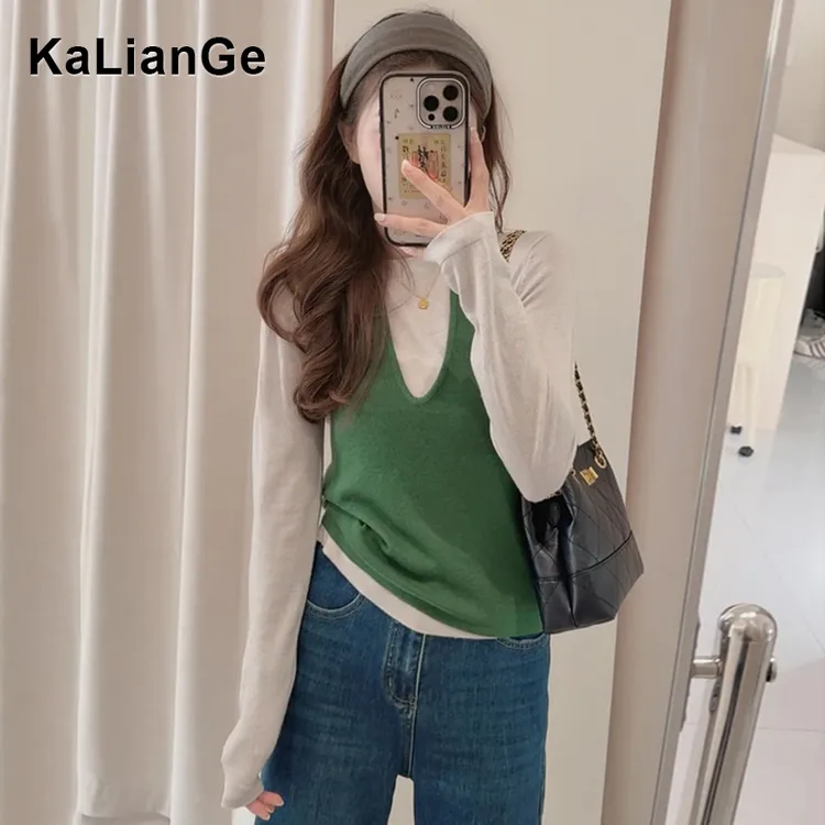卡莲格/韩系挂脖背心长袖打底衫上衣女秋季显瘦高级感针织两件套