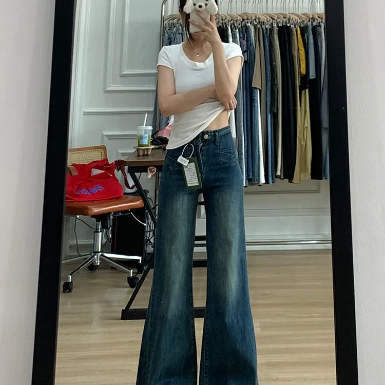 复古蓝微喇阔腿牛仔裤女2025秋季新款高腰宽松显瘦百搭拖地喇叭裤