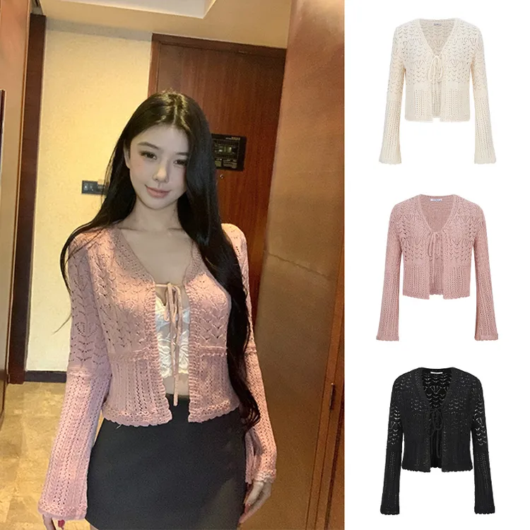 MosesQueen/魔西女王镂空针织衫外套女夏季新款罩衫V领外搭上衣