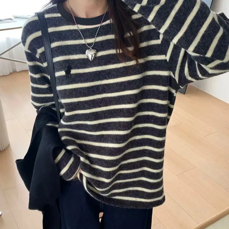 加绒「慵懒风」长袖-【男女同款】日系条纹秋冬保仿兔毛绒软懦感24239