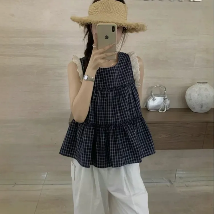 夏季韩系甜美宽松荷叶格子无袖衬衫女2025减龄新款上衣娃娃小衫女